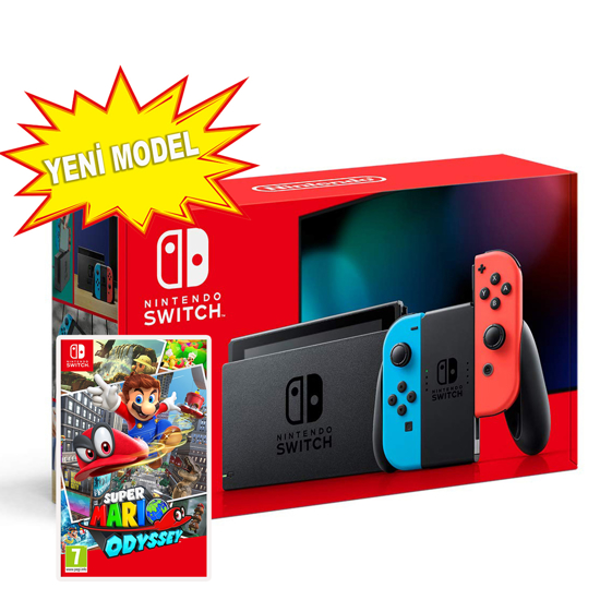 Nintendo Switch Red Neon Blue Yeni Model + Super Mario Odyssey. ürün görseli